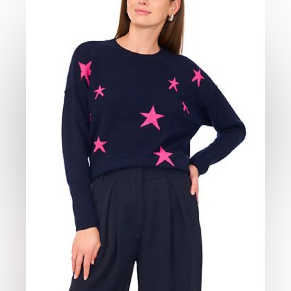 MALENITA🌻SOLD🌻Vince Camuto Navy Sweater with Pink Stars - Picture 3 of 10
